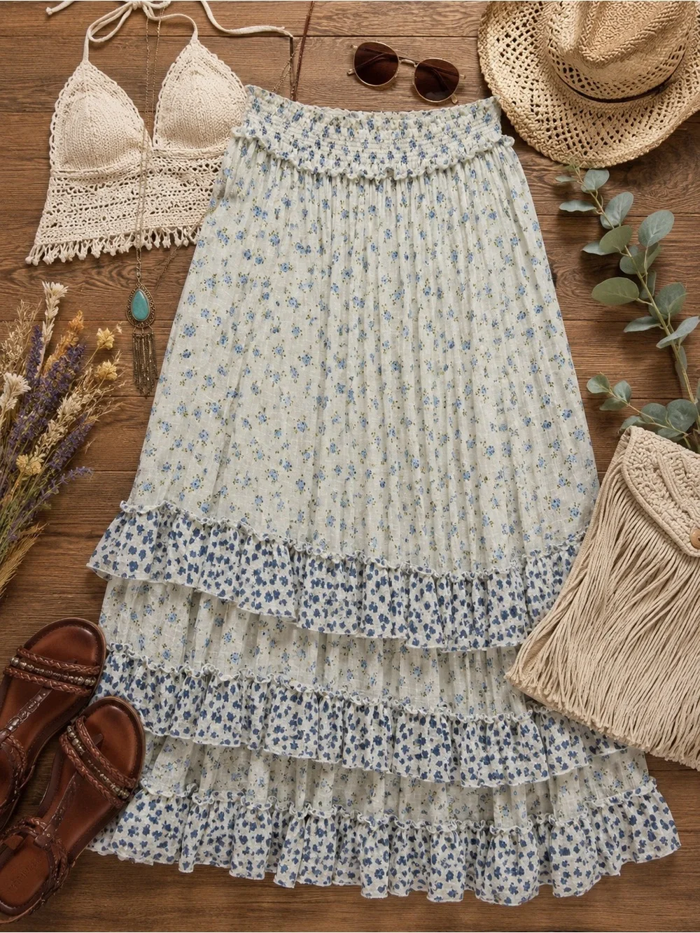 Free People Brynn Printed Ruffle Maxi Skirt | Ditsy Ivory Combo